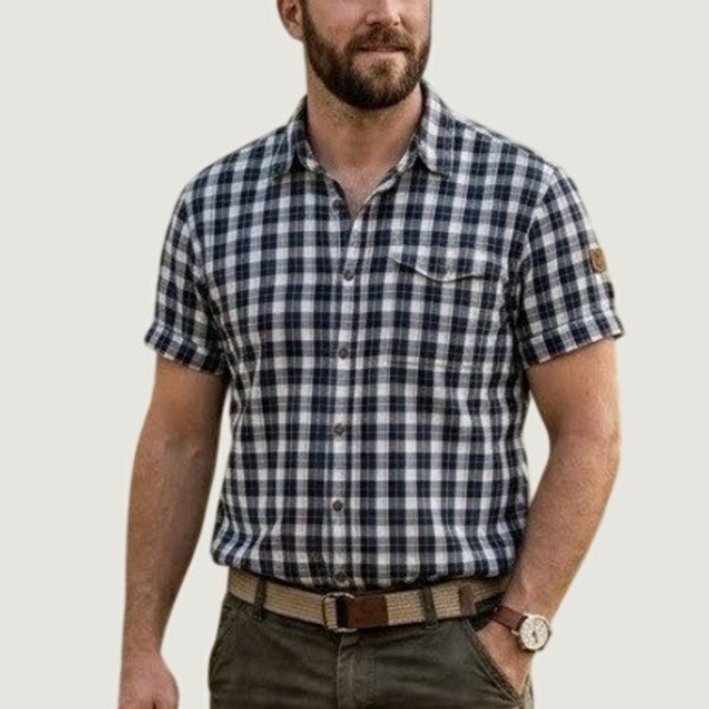 Fjallraven Sarek Shirt SS Mens XL Comfort Fit Navy Blue Plaid Button Down